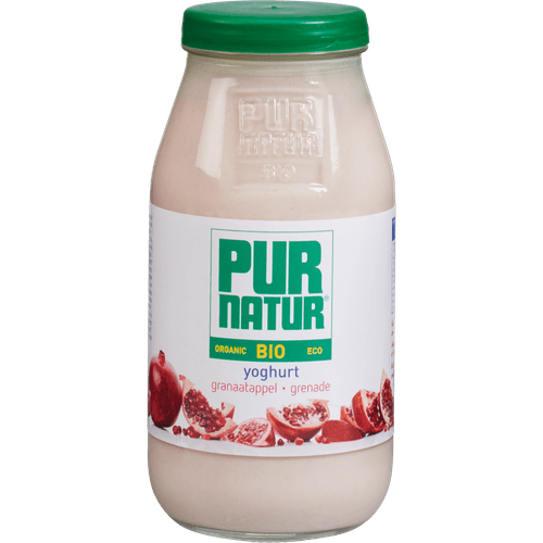 Foto van Pur Natur Biologische volle roeryoghurt granaatappel op witte achtergrond