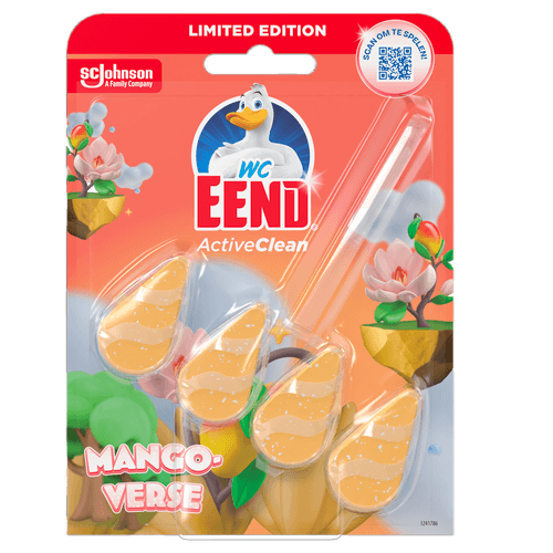 Foto van WC-eend Toiletblok houder active clean mango op witte achtergrond