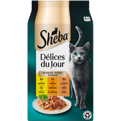 Foto van Sheba Kattenvoer d du jour gevogelte 6st op witte achtergrond