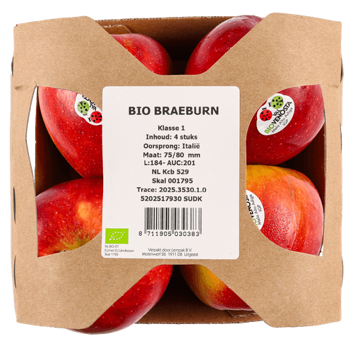 Foto van Bio braeburn verpakt op witte achtergrond