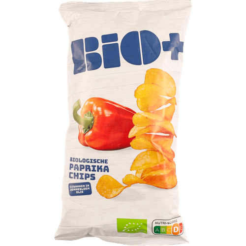 Foto van Bio+ Paprika chips op witte achtergrond