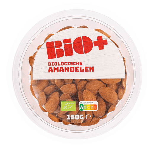 Foto van Bio+ amandelen op witte achtergrond