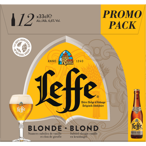 Foto van Leffe Blond 12x33 cl op witte achtergrond