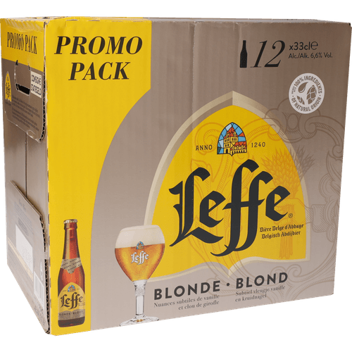 Foto van Leffe Blond 12x33 cl op witte achtergrond