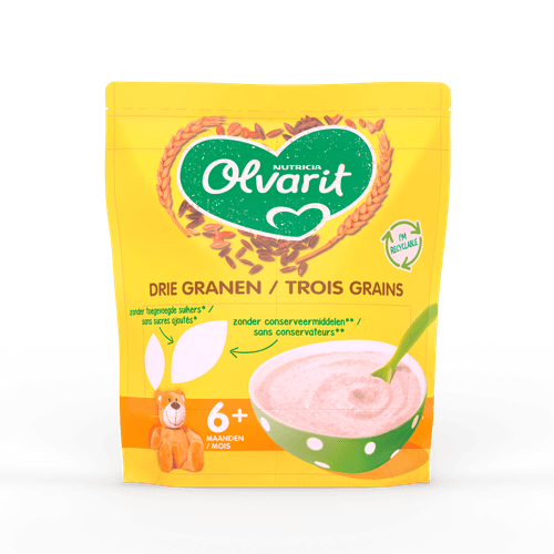 Foto van Olvarit Pap drie granen 6+ mnd op witte achtergrond