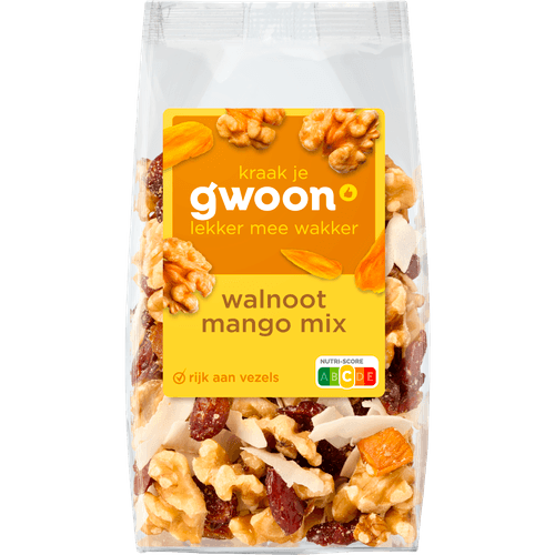 Foto van G'woon Ontbijtmix walnoot mango op witte achtergrond