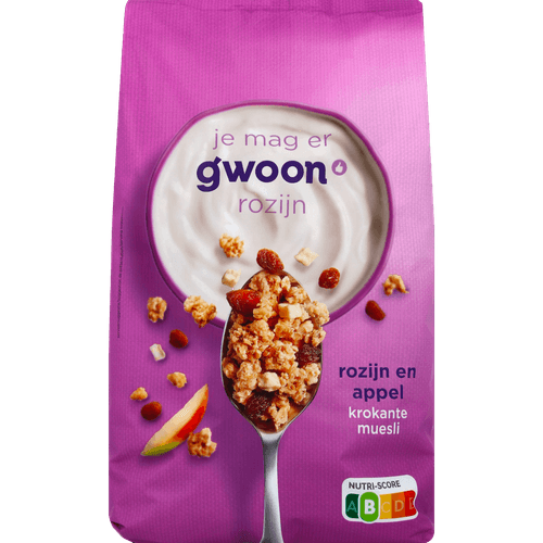 Foto van G'woon Krokante muesli appel rozijn op witte achtergrond