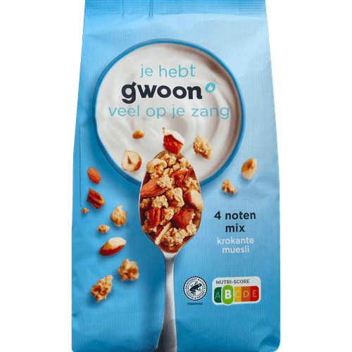 Foto van G'woon Krokante muesli 4 noten op witte achtergrond