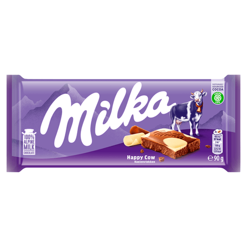 Foto van Milka Chocoladereep koeienvlekjes op witte achtergrond