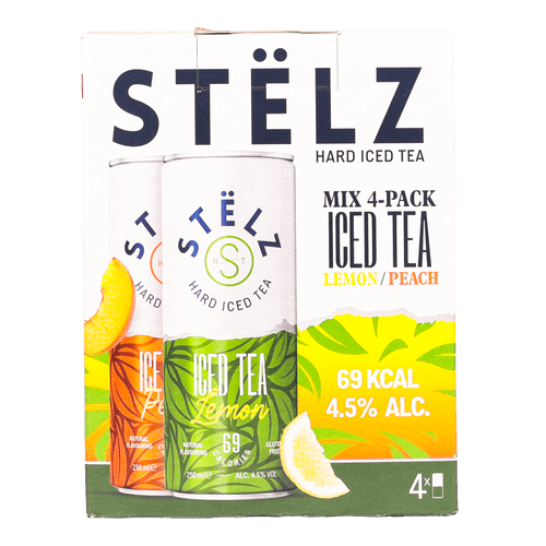 Foto van Stelz Hard ice tea lemon en peach 4x25cl op witte achtergrond