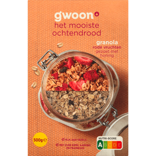 Foto van G'woon Granola rode vruchten op witte achtergrond