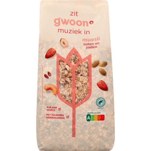 Foto van G'woon Muesli noten en zaden op witte achtergrond