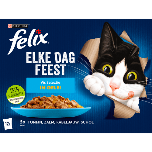 Foto van Felix Kattenvoer elke dag feest vis selectie in gelei op witte achtergrond