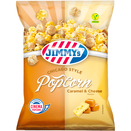 Foto van Jimmy's Popcorn chicago style op witte achtergrond