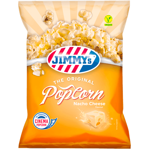 Foto van Jimmy's Popcorn nacho cheese flavour op witte achtergrond