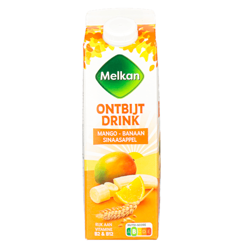 Foto van Melkan Ontbijtdrink sinaasappel-mango-banaan op witte achtergrond