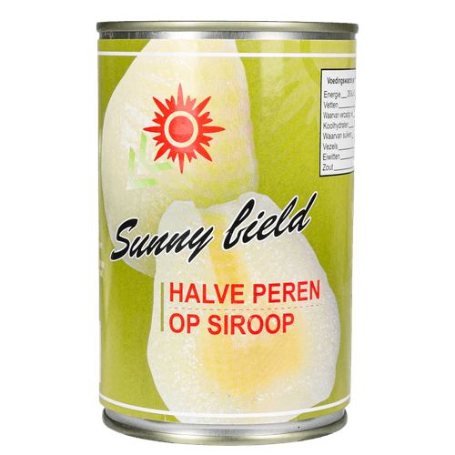 Foto van Sunny Field Halve peren op siroop op witte achtergrond