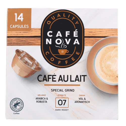 Foto van CAFE NOVA Koffiecups cafe au lait op witte achtergrond
