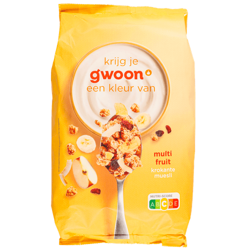 Foto van G'woon Krokante muesli multi vruchten op witte achtergrond