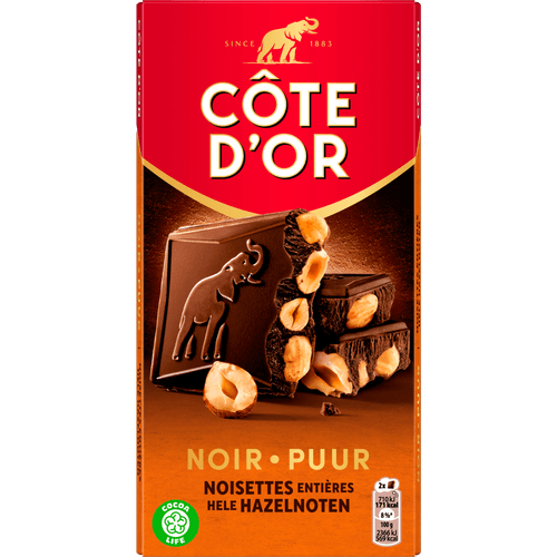 Foto van Côte d'Or Bloc chocoladereep puur hazelnoten op witte achtergrond