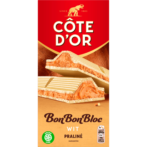 Foto van Côte d'Or Bonbonbloc praline wit op witte achtergrond