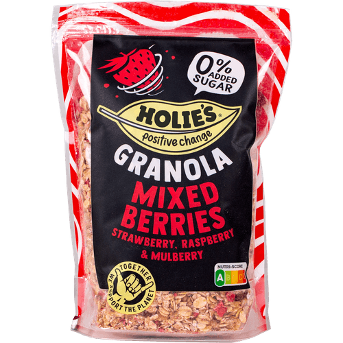 Foto van Holie's Granola mixed berries op witte achtergrond