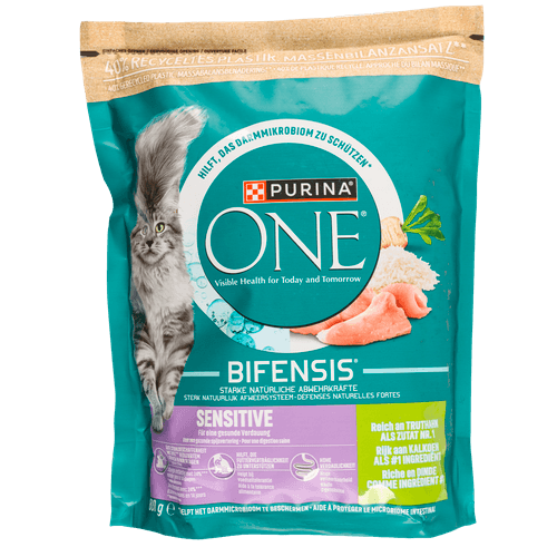 Foto van Purina One Kattenvoer sensitive kalkoen & rijst op witte achtergrond