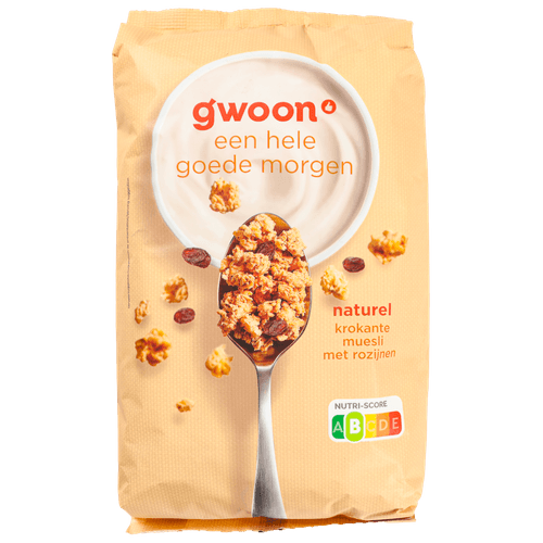 Foto van G'woon Krokante muesli naturel op witte achtergrond