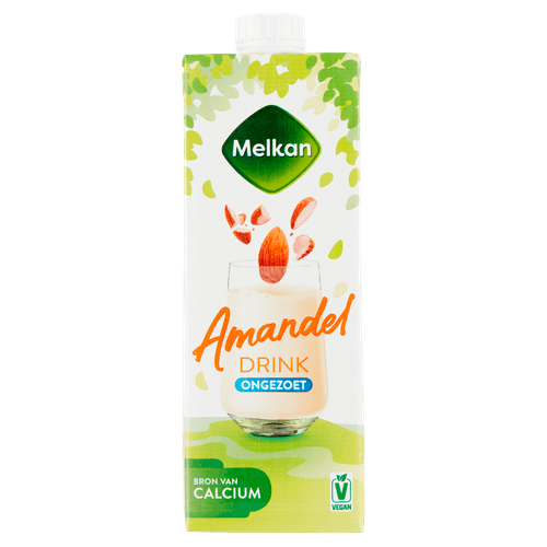 Foto van Melkan Amandeldrink ongezoet op witte achtergrond