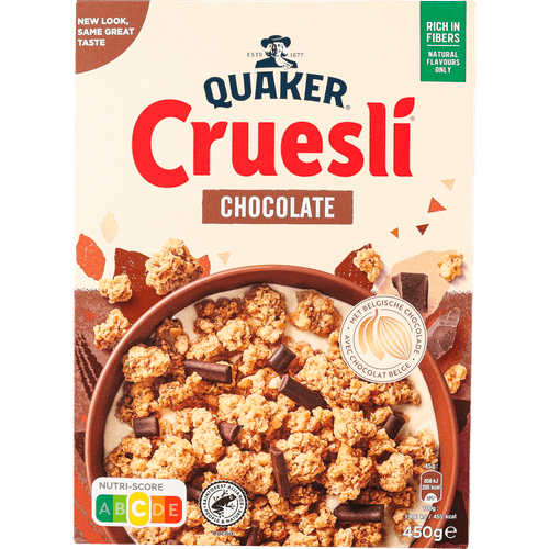 Foto van Quaker Cruesli chocolade op witte achtergrond