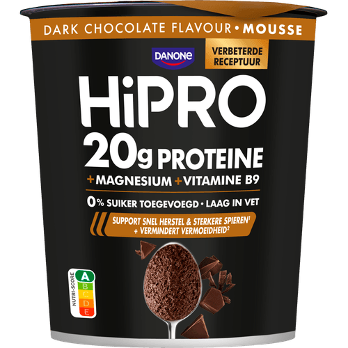 Foto van HiPRO Protein Mousse Dark Chocolade op witte achtergrond
