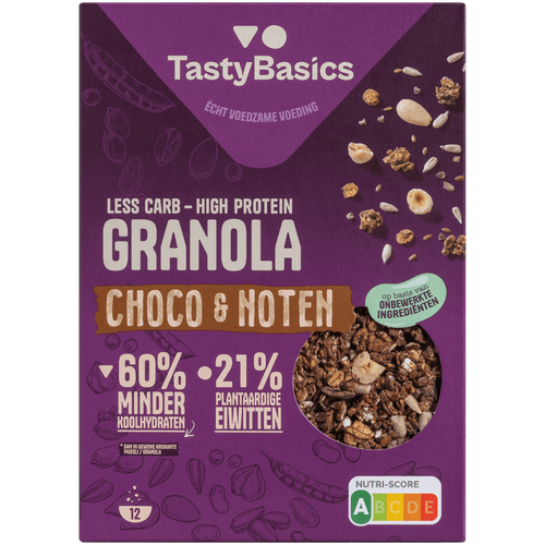 Foto van TastyBasics Granola choco noten op witte achtergrond
