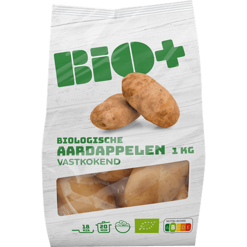 Foto van Bio+ Biologische aardappelen vastkokend op witte achtergrond