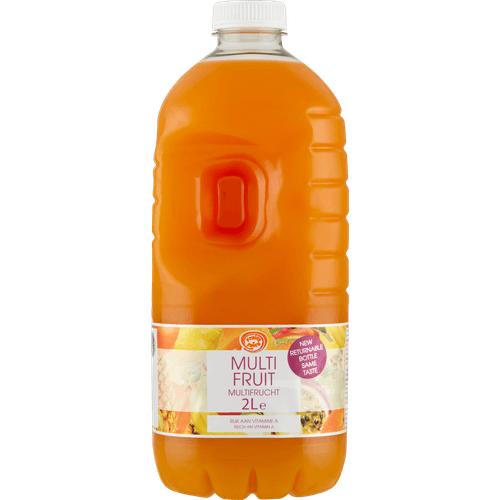 Foto van Fruity Juice Multifruit op witte achtergrond