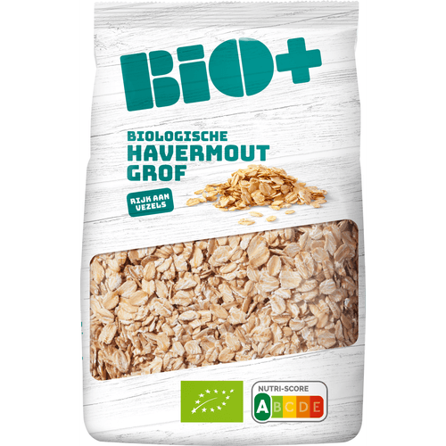 Foto van Bio+ Havermout grove vlokken op witte achtergrond