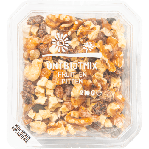 Foto van Ontbijtmix fruit en pitten op witte achtergrond