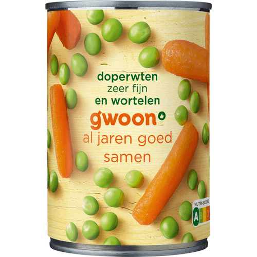 Foto van G'woon Doperwten en wortelen extra fijn op witte achtergrond