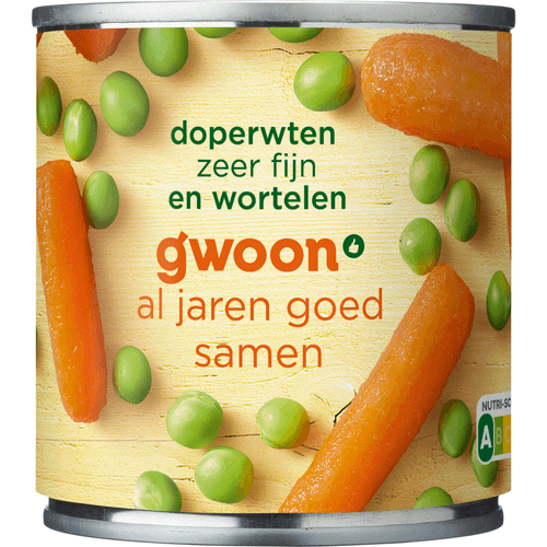 Foto van G'woon Doperwten wortelen extra fijn op witte achtergrond