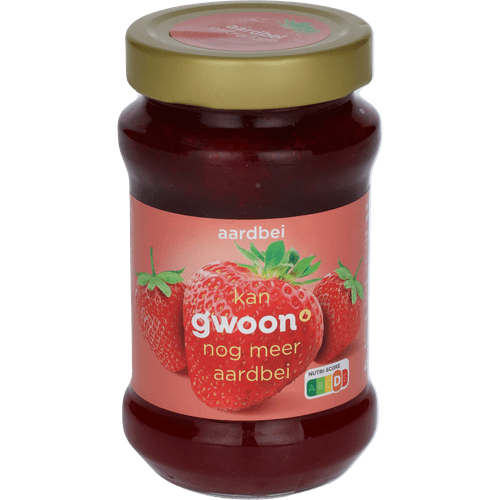 Foto van G'woon Extra jam aardbei op witte achtergrond