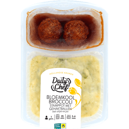 Foto van Daily Chef Bloemkool-broccoli stamppot met gehakballen op witte achtergrond