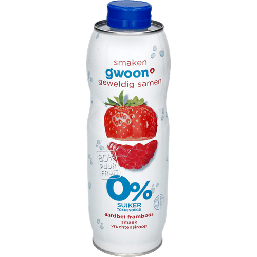 Foto van G'woon Limonadesiroop framboos aardbei 0% op witte achtergrond