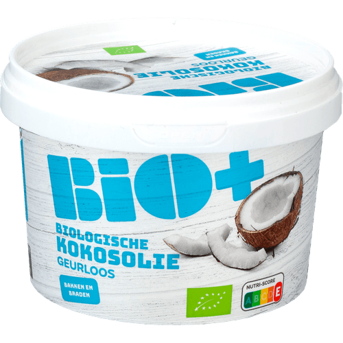 Foto van Bio+ Kokosolie geurloos op witte achtergrond