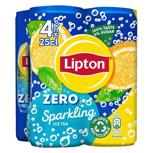 Foto van Lipton Ice tea sparkling zero 4x25 cl op witte achtergrond