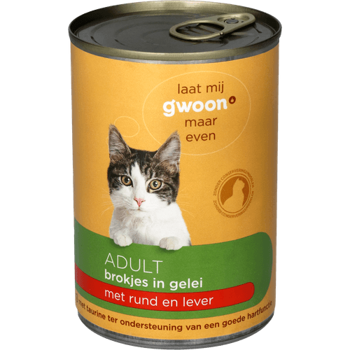 Foto van G'woon Kattenvoer rund-lever in gelei op witte achtergrond