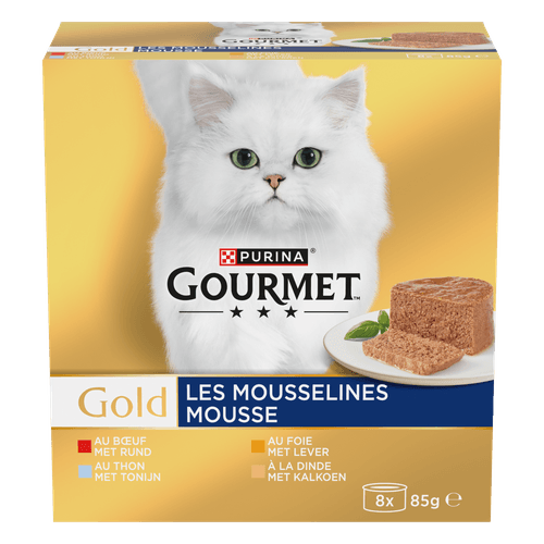 Foto van Gourmet Gold mousse tonijn-lever-kalkoen-rund 8 stuks op witte achtergrond