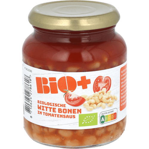 Foto van Bio+ Witte bonen in tomatensaus op witte achtergrond