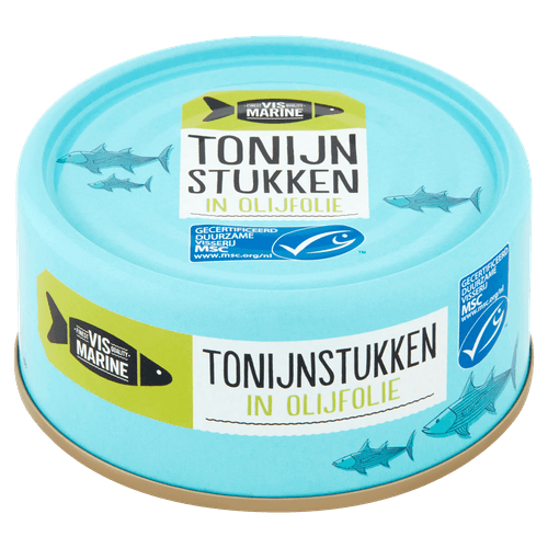 Foto van Vis Marine Tonijnstukken in olijfolie op witte achtergrond