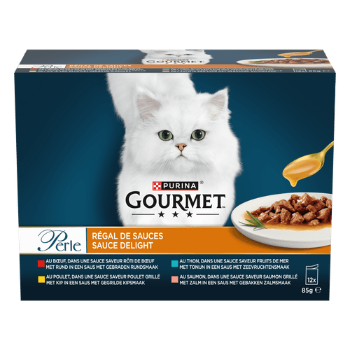 Foto van Gourmet Kattenvoer perle sauce delight op witte achtergrond