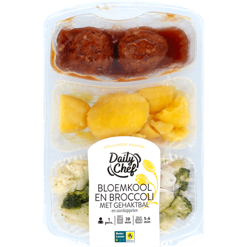 Foto van Daily Chef Bloemkool aardappelen met gehaktballen op witte achtergrond