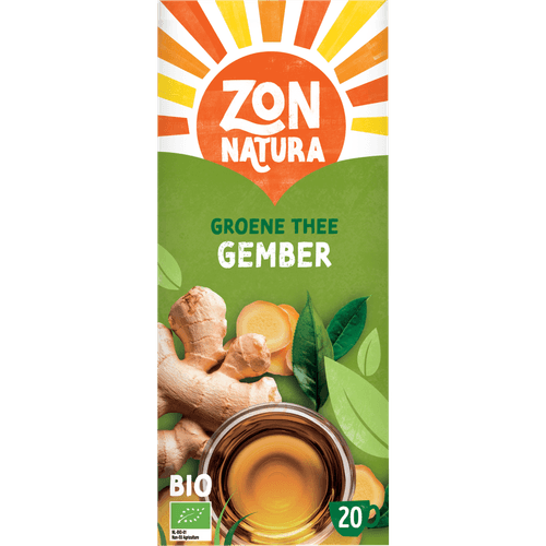 Foto van Zonnatura Biologische kruidenthee groene thee gember op witte achtergrond